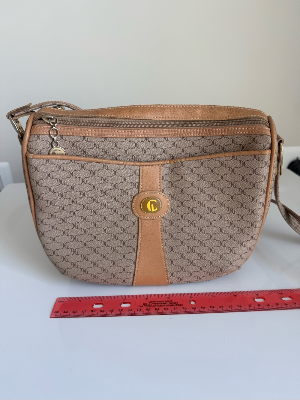 Designer-Inspired Carryland Vintage Tan Pattern Crossbody with Gold Accent